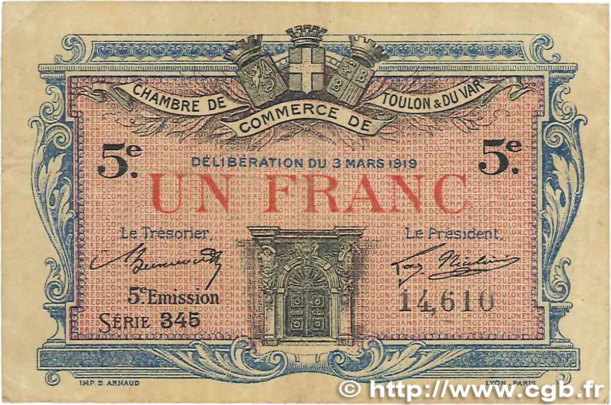 1 Franc FRANCE régionalisme et divers Toulon 1919 JP.121.27 TB