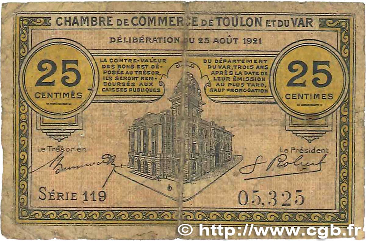 25 Centimes FRANCE régionalisme et divers Toulon 1921 JP.121.33 B