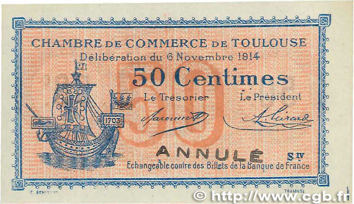 50 Centimes Annulé FRANCE régionalisme et divers Toulouse 1914 JP.122.13 SPL