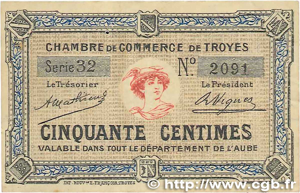 50 Centimes FRANCE regionalismo y varios Troyes 1918 JP.124.05 MBC