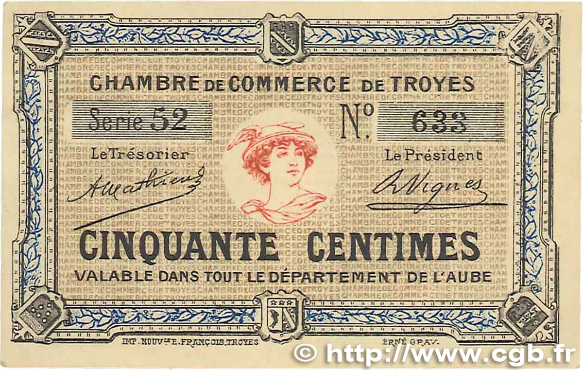 50 Centimes FRANCE Regionalismus und verschiedenen Troyes 1918 JP.124.05 fVZ