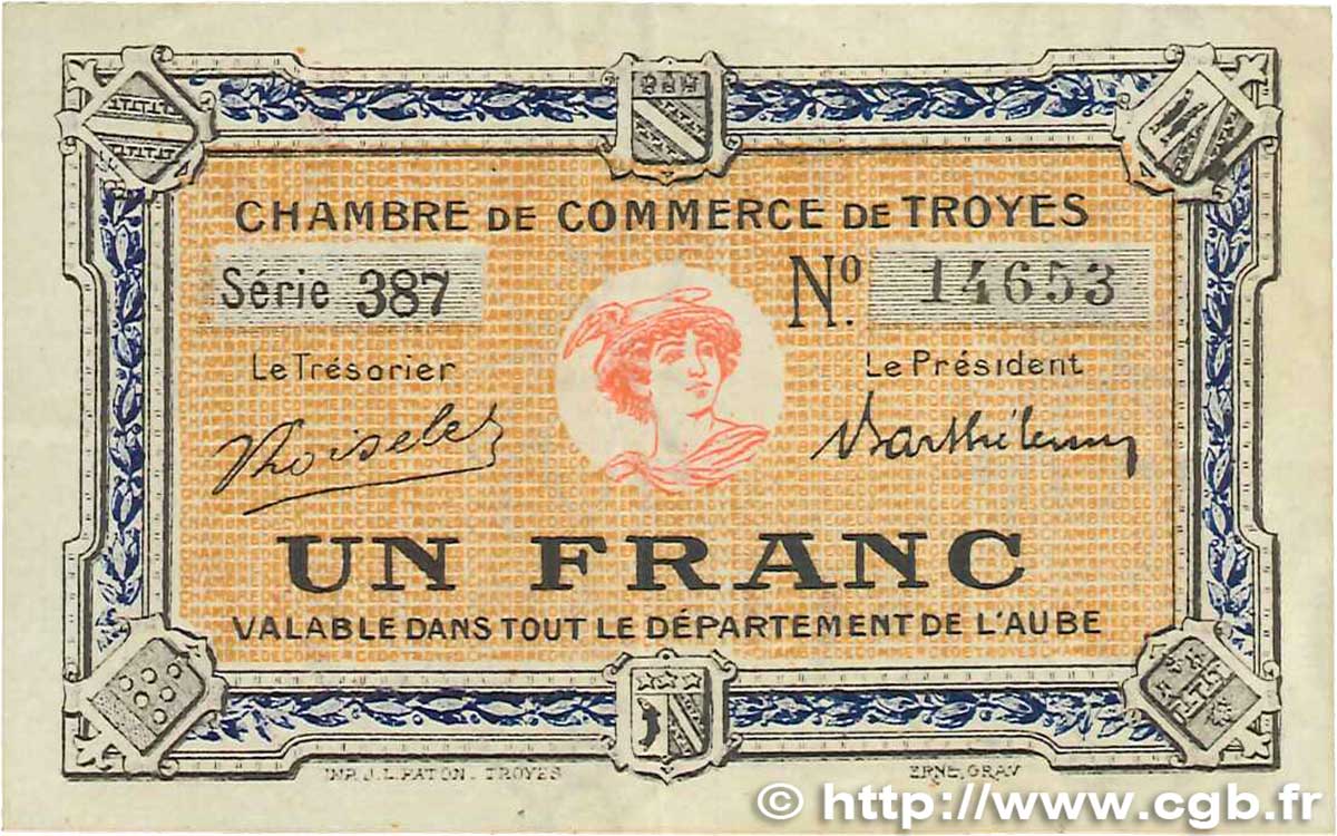 1 Franc FRANCE régionalisme et divers Troyes 1918 JP.124.12 TTB