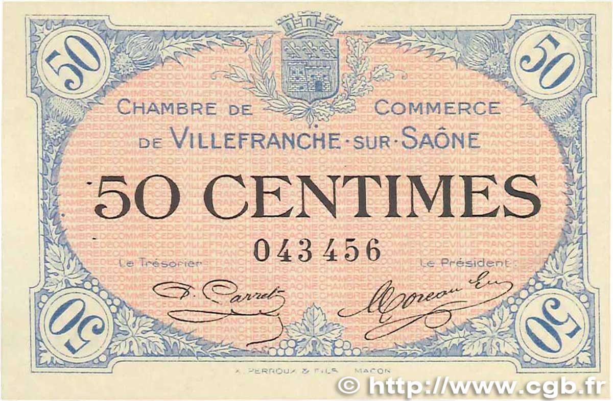 50 Centimes FRANCE Regionalismus und verschiedenen Villefranche-Sur-Saône 1915 JP.129.01 VZ