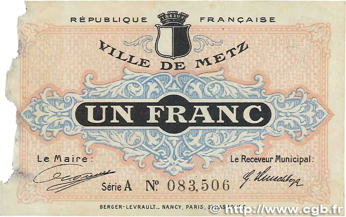 1 Franc FRANCE régionalisme et divers Metz 1918 JP.131.04 B+
