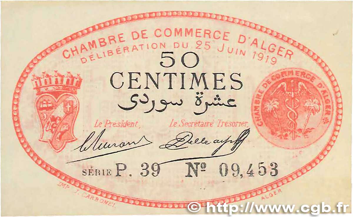 50 Centimes FRANCE régionalisme et divers Alger 1919 JP.137.11 SPL