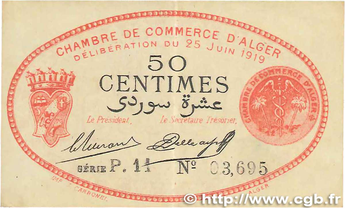 50 Centimes FRANCE régionalisme et divers Alger 1919 JP.137.11 SUP