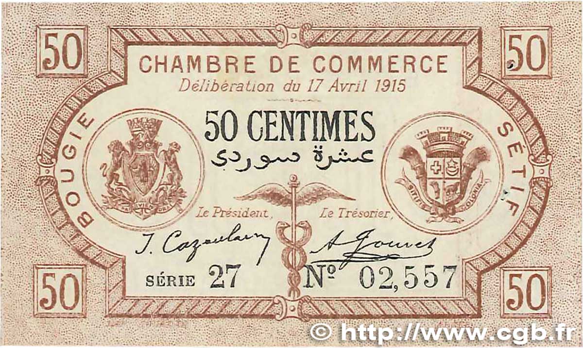 50 Centimes FRANCE régionalisme et divers Bougie, Sétif 1915 JP.139.01 SPL