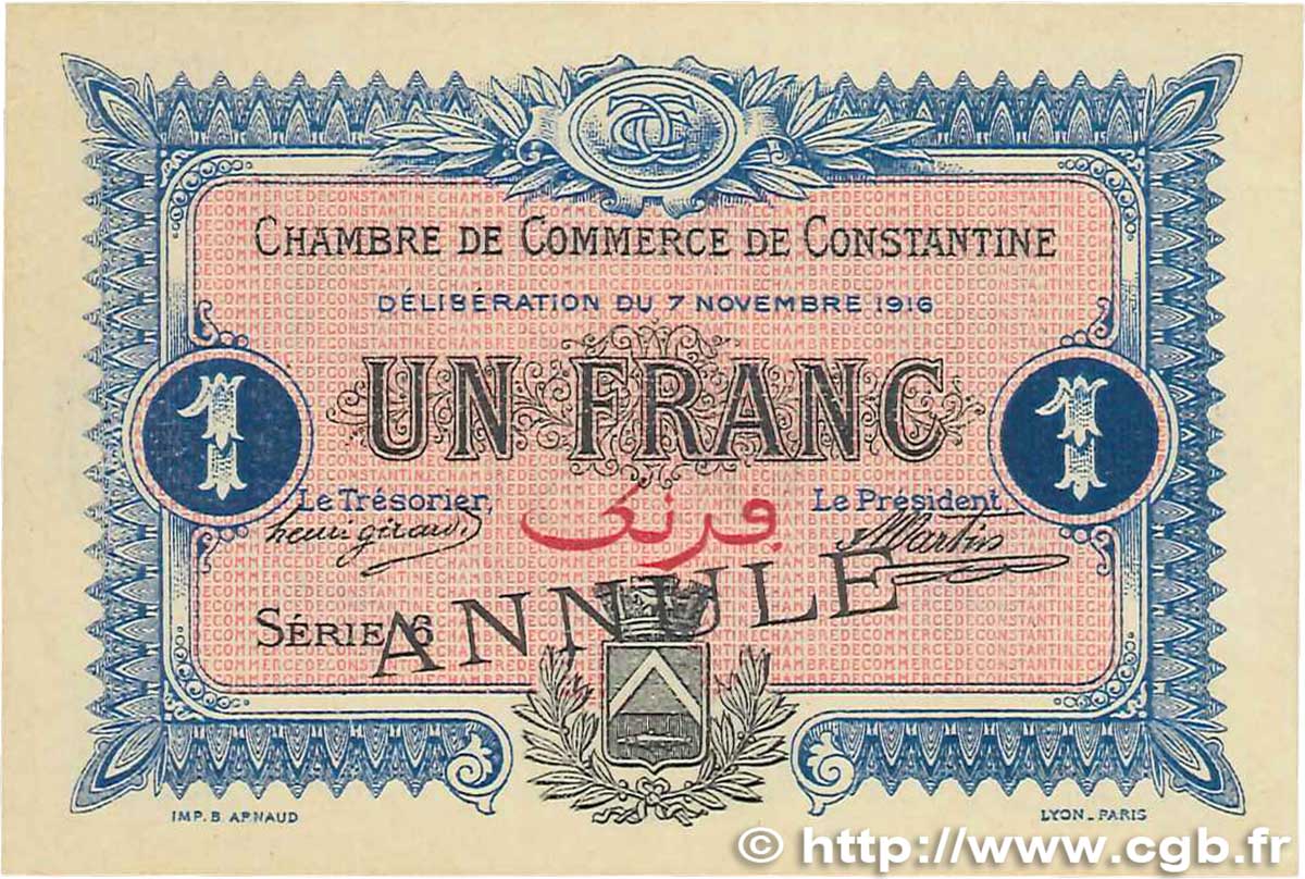 1 Franc Annulé FRANCE régionalisme et divers Constantine 1916 JP.140.11 SPL
