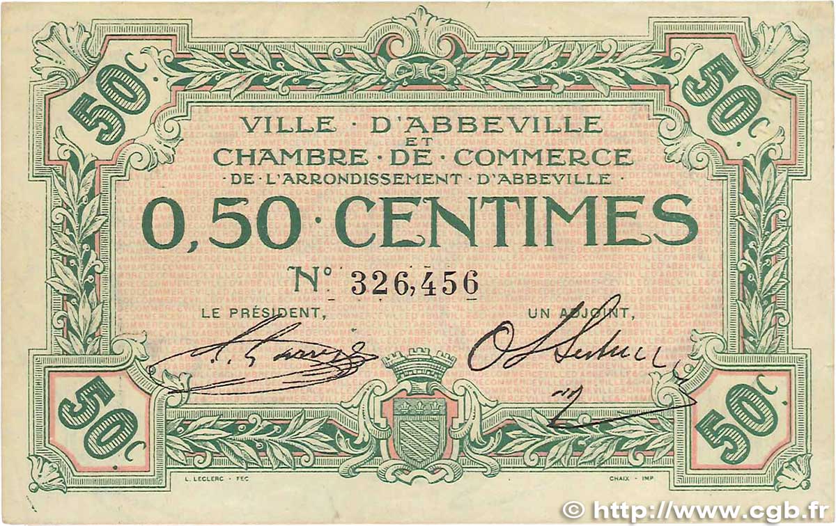 50 Centimes FRANCE régionalisme et divers Abbeville 1920 JP.001.01 TTB