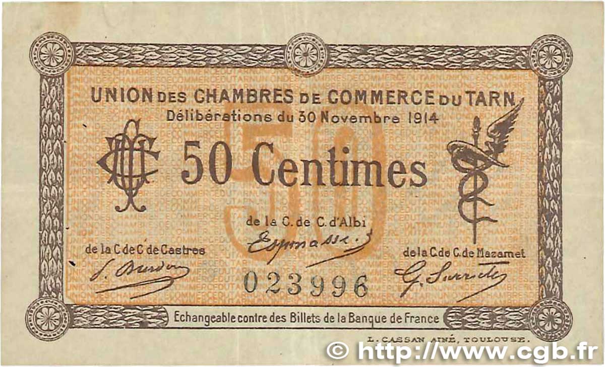 50 Centimes FRANCE régionalisme et divers Albi - Castres - Mazamet 1914 JP.005.01 TB