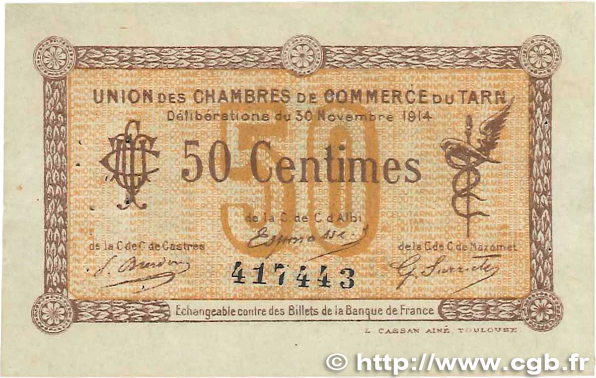 50 Centimes FRANCE régionalisme et divers Albi - Castres - Mazamet 1914 JP.005.01 TTB
