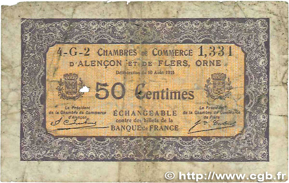 50 Centimes FRANCE régionalisme et divers Alencon et Flers 1915 JP.006.39 B