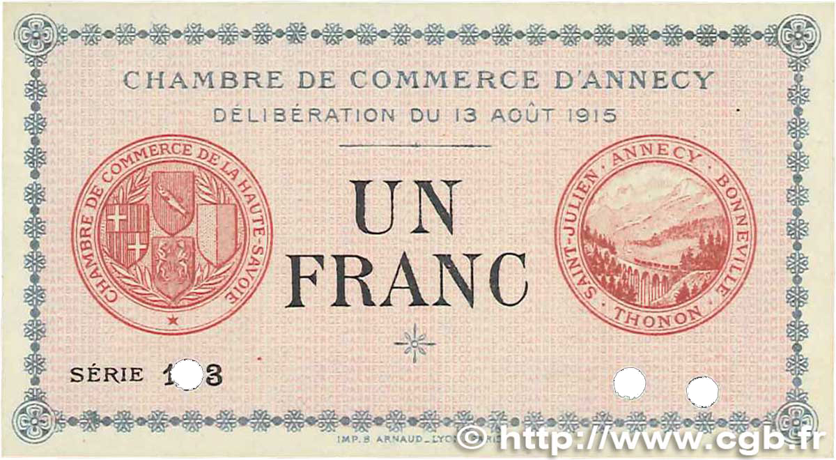1 Franc Spécimen FRANCE régionalisme et divers Annecy 1915 JP.010.03 NEUF