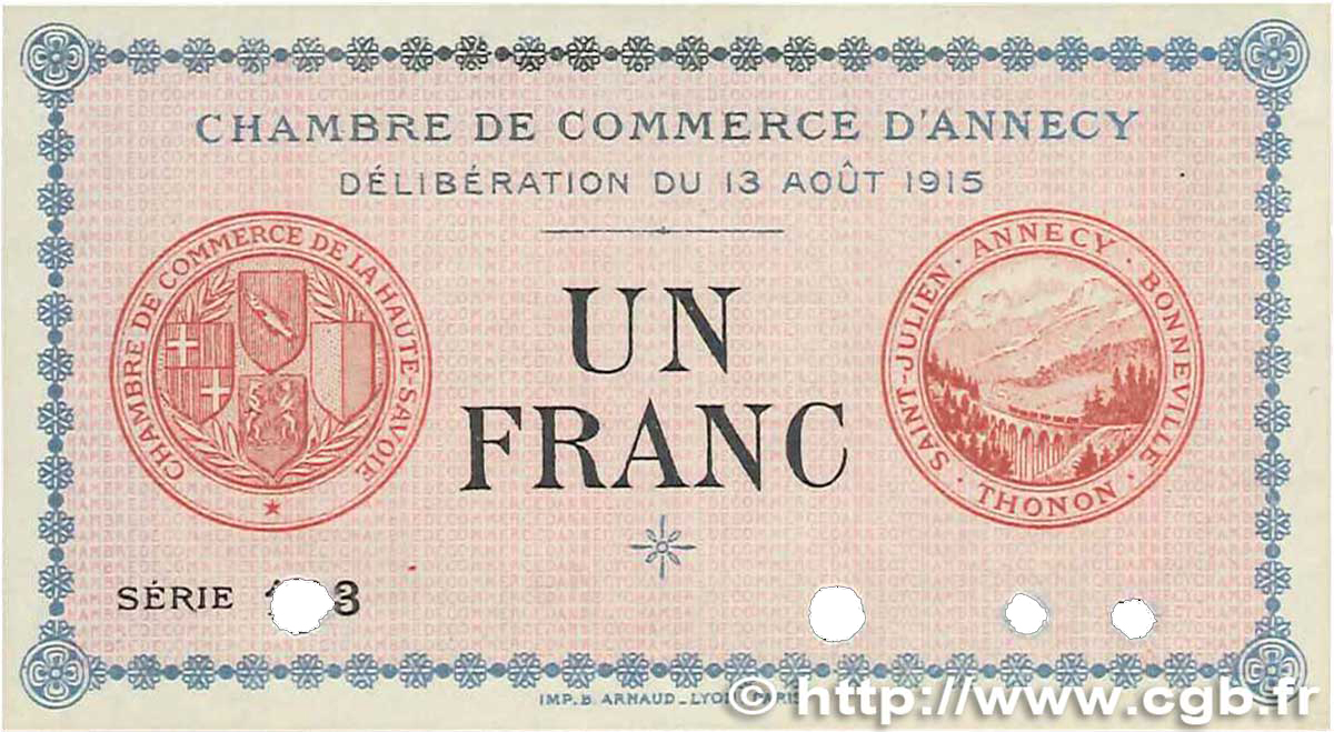 1 Franc Spécimen FRANCE régionalisme et divers  1915 JP.010.03var. pr.NEUF