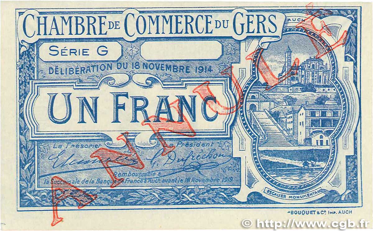 1 Franc Annulé FRANCE régionalisme et divers Auch 1914 JP.015.08 SPL