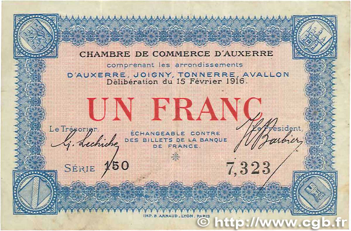 1 Franc FRANCE régionalisme et divers Auxerre 1916 JP.017.08 pr.TTB