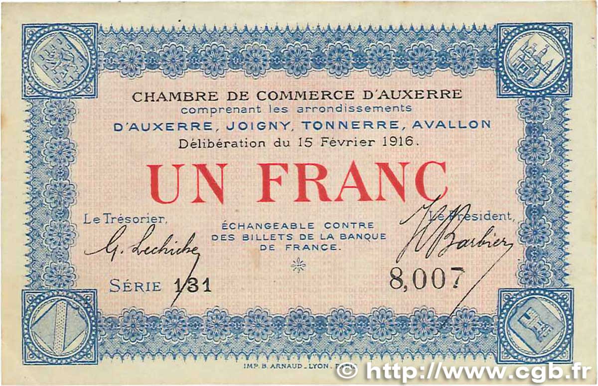 1 Franc FRANCE régionalisme et divers Auxerre 1916 JP.017.08 TTB