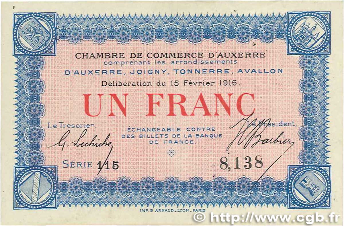 1 Franc FRANCE régionalisme et divers Auxerre 1916 JP.017.08 SUP+