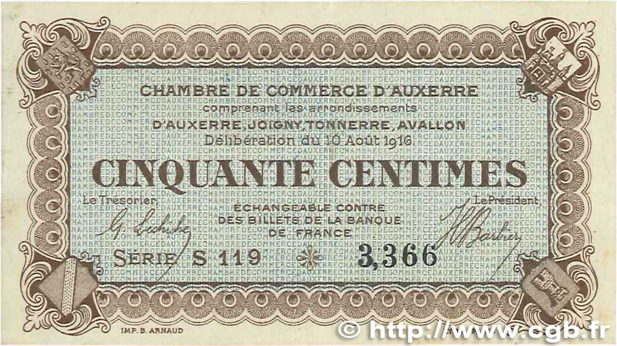 50 Centimes FRANCE régionalisme et divers Auxerre 1916 JP.017.11 SUP