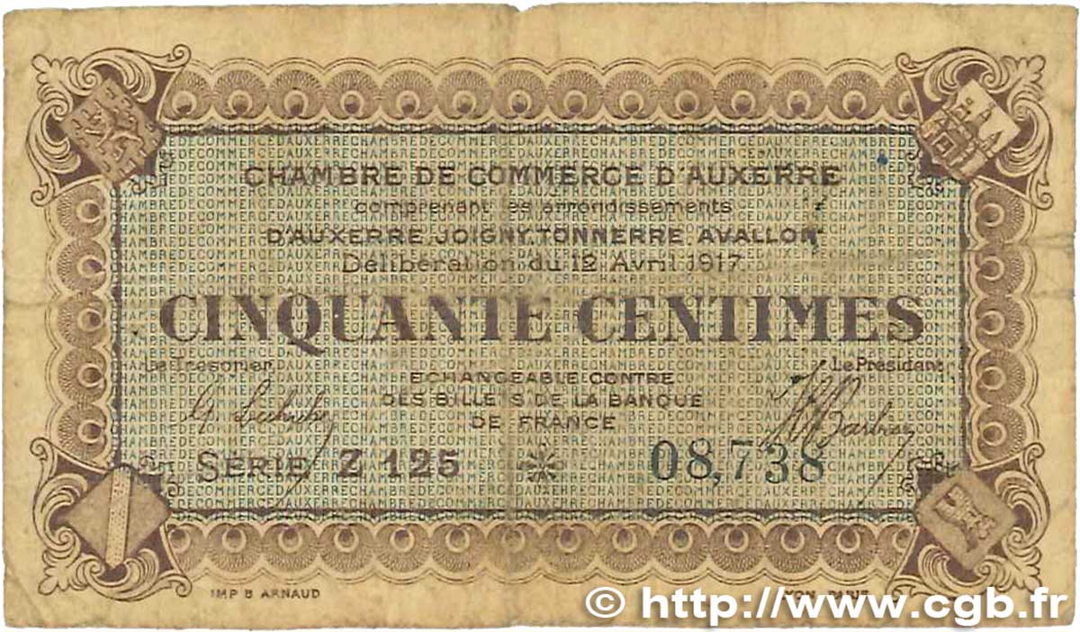 50 Centimes FRANCE régionalisme et divers Auxerre 1917 JP.017.14 B