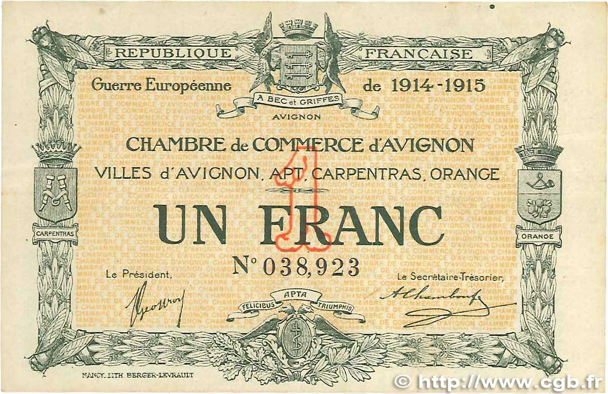 1 Franc FRANCE régionalisme et divers Avignon 1915 JP.018.05 TTB