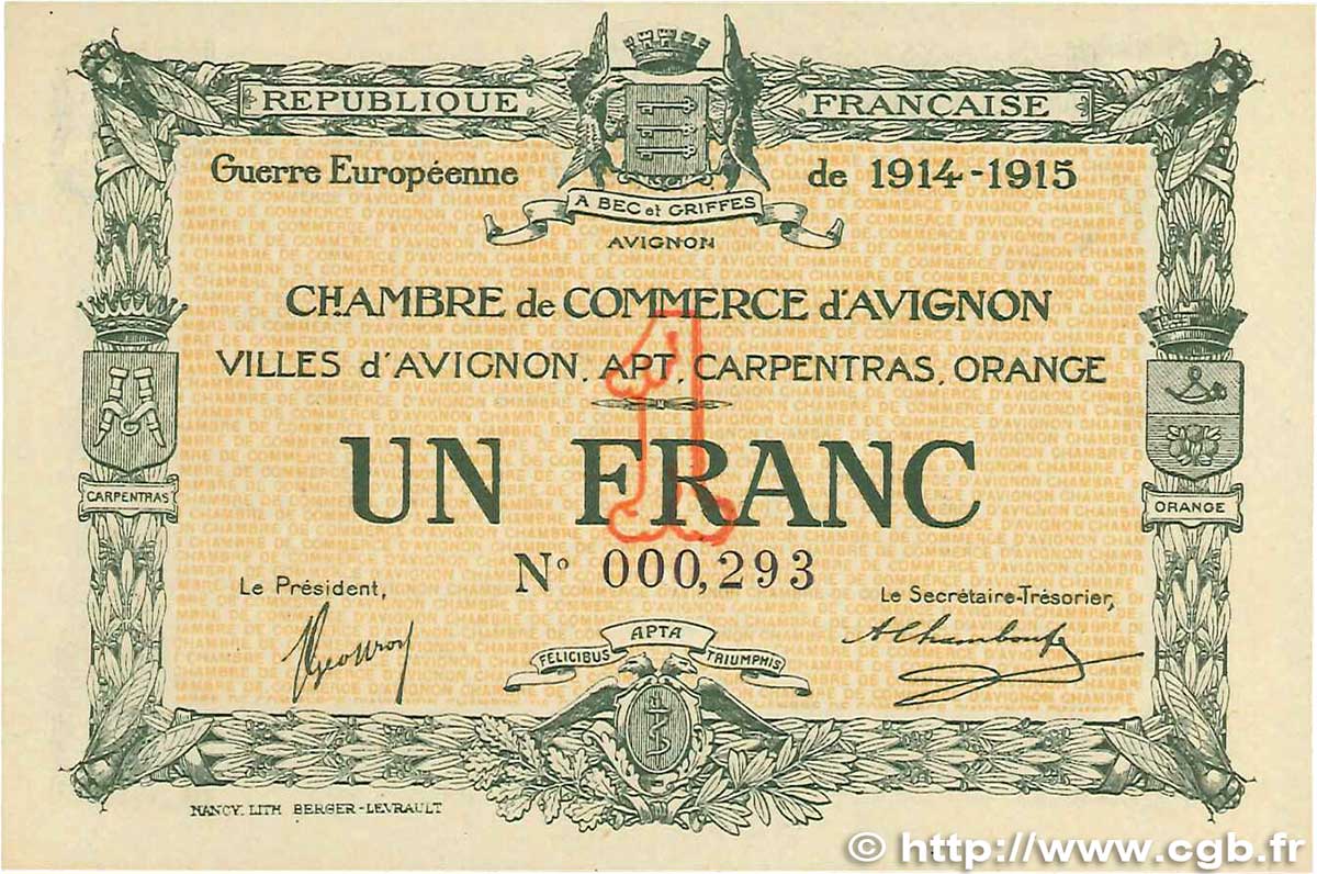 1 Franc FRANCE régionalisme et divers Avignon 1915 JP.018.05 pr.NEUF