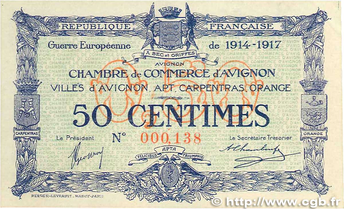 50 Centimes Petit numéro FRANCE régionalisme et divers Avignon 1915 JP.018.13 pr.SPL