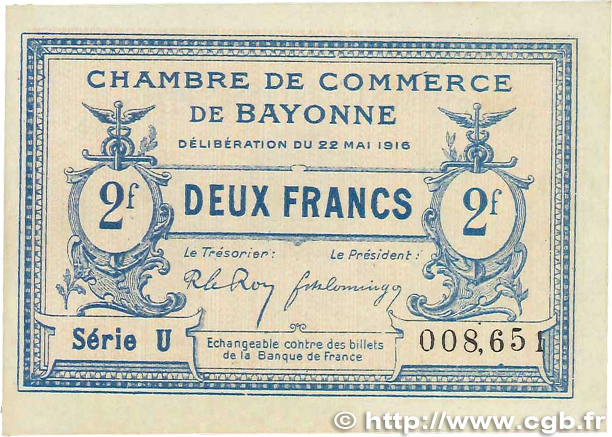 2 Francs FRANCE regionalism and various Bayonne 1916 JP.021.36 XF+