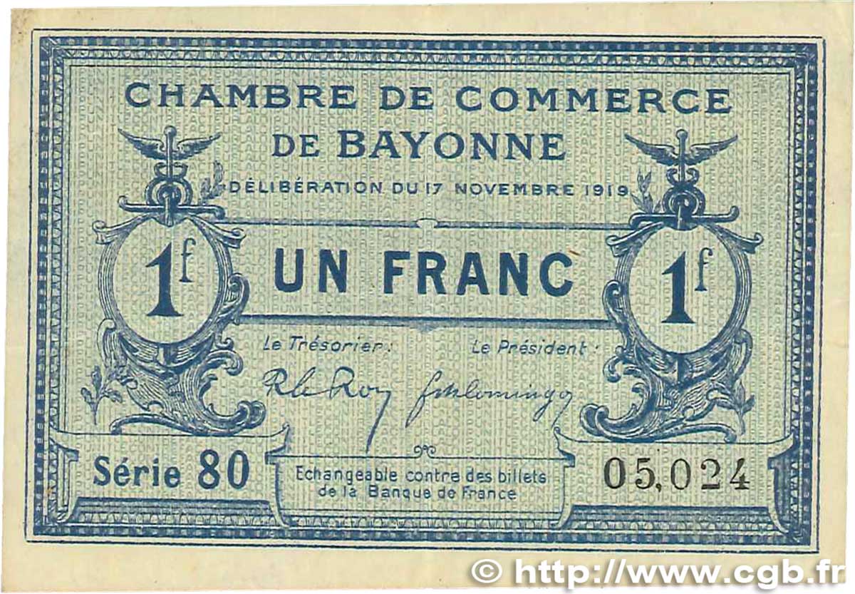 1 Franc FRANCE regionalismo e varie Bayonne 1919 JP.021.64 MB