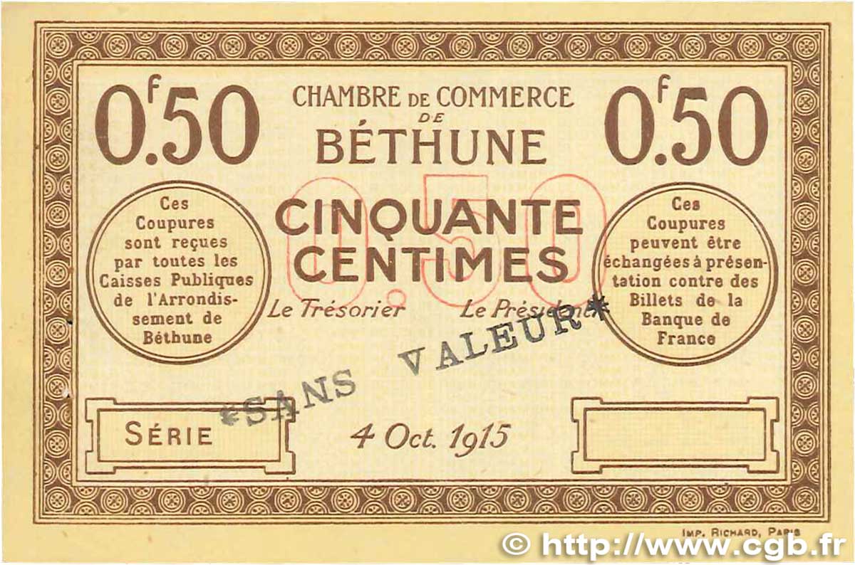 50 Centimes Spécimen FRANCE regionalism and various Béthune 1915 JP.026.03 AU