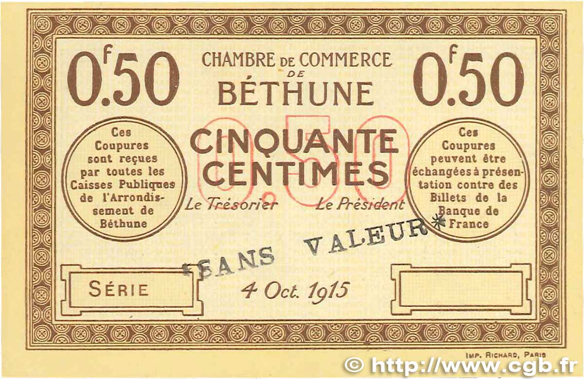 50 Centimes Spécimen FRANCE regionalismo e varie Béthune 1915 JP.026.03 q.FDC
