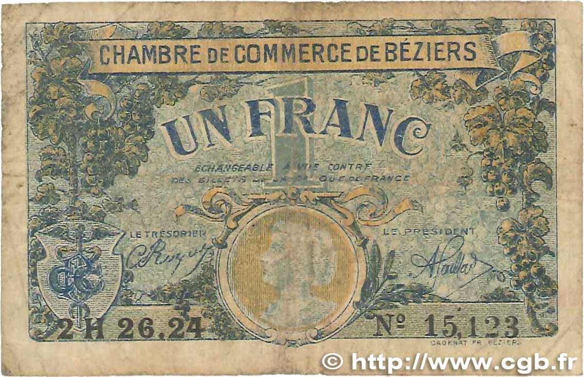 1 Franc FRANCE régionalisme et divers Béziers 1922 JP.027.34 B+