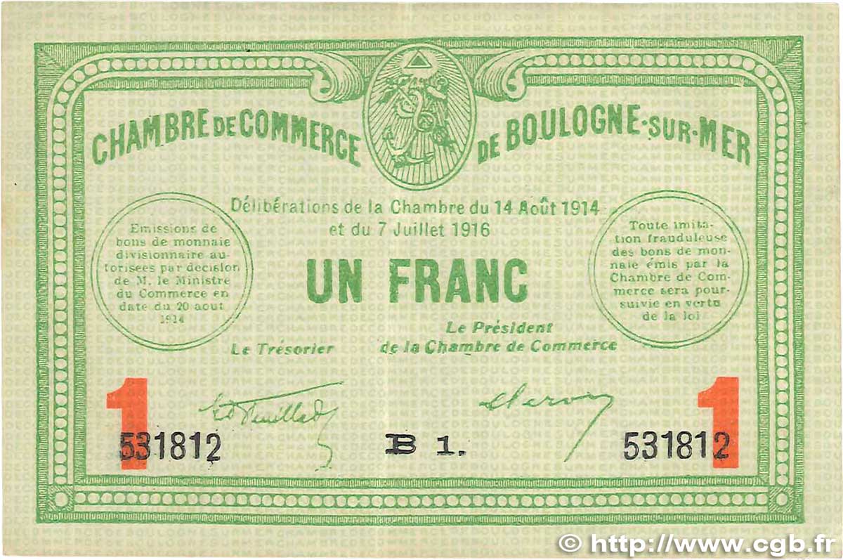 1 Franc FRANCE régionalisme et divers Boulogne-Sur-Mer  1914 JP.031.19 TTB
