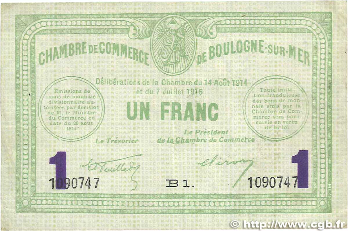 1 Franc FRANCE régionalisme et divers Boulogne-Sur-Mer  1914 JP.031.24 TB