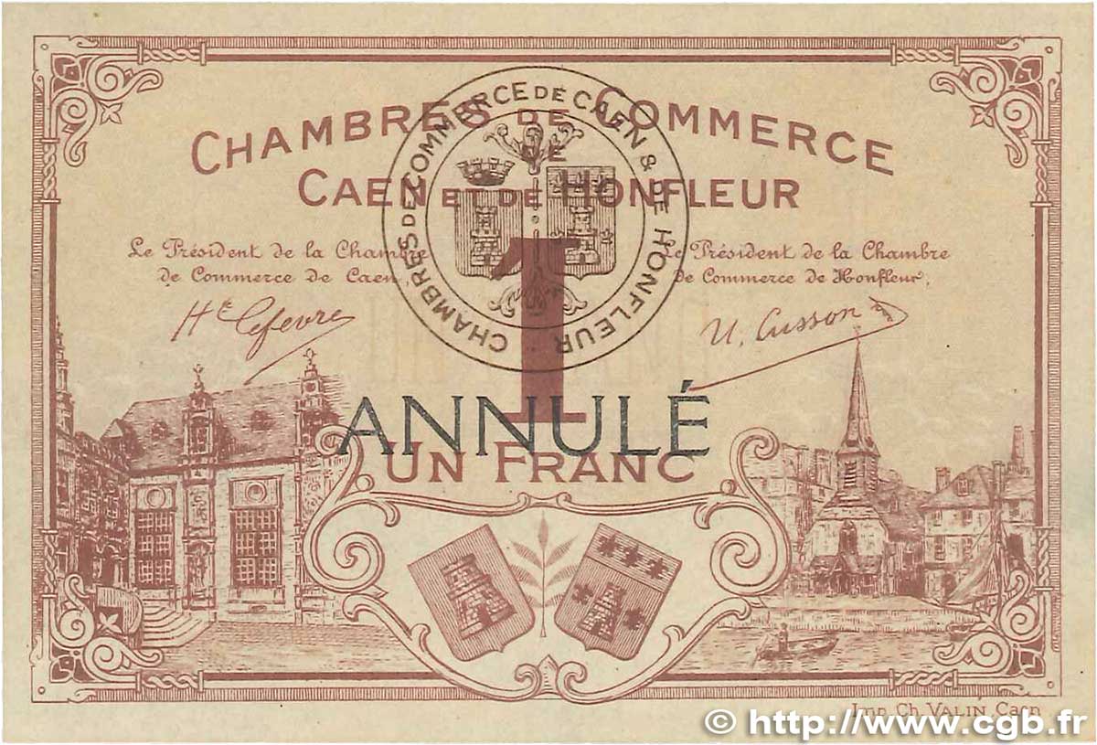 1 Franc Annulé FRANCE régionalisme et divers Caen et Honfleur 1915 JP.034.02 SUP