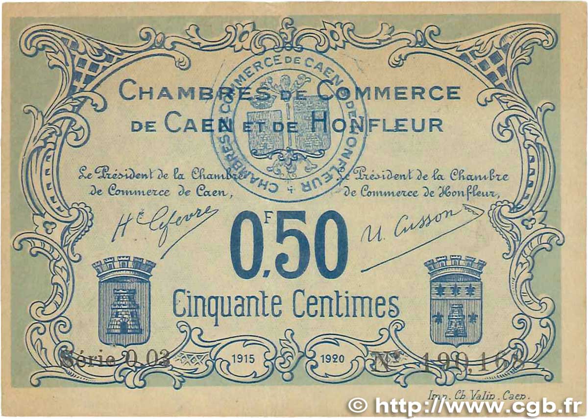 50 Centimes FRANCE régionalisme et divers Caen et Honfleur 1915 JP.034.04 pr.TTB