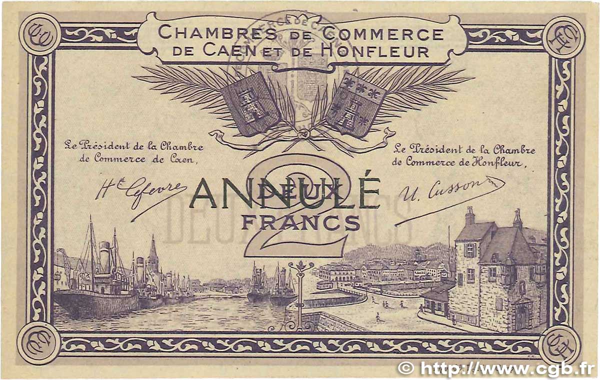 2 Francs Annulé FRANCE régionalisme et divers Caen et Honfleur 1915 JP.034.11 TTB+