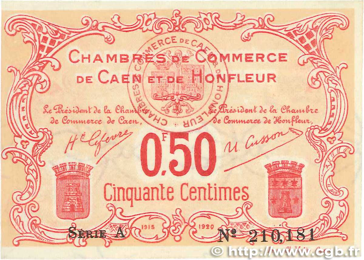 50 Centimes FRANCE régionalisme et divers Caen et Honfleur 1918 JP.034.12 SUP