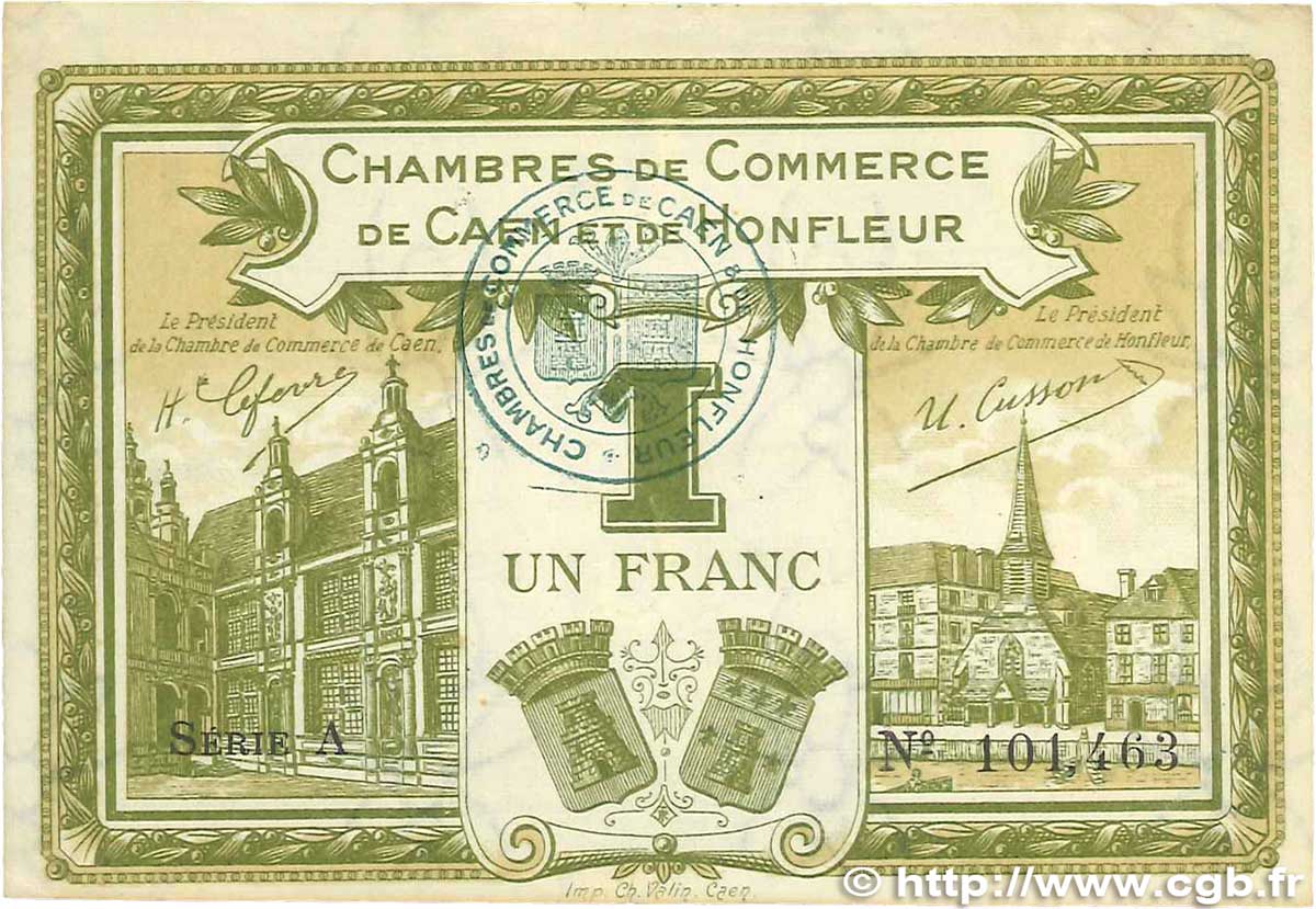 1 Franc FRANCE regionalism and various Caen et Honfleur 1918 JP.034.14 VF