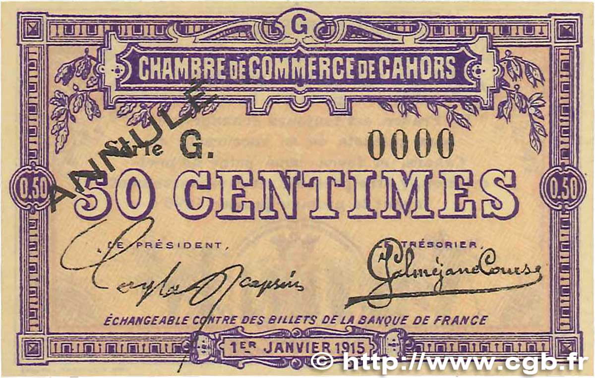 50 Centimes Annulé FRANCE régionalisme et divers  1915 JP.035.13var. SPL