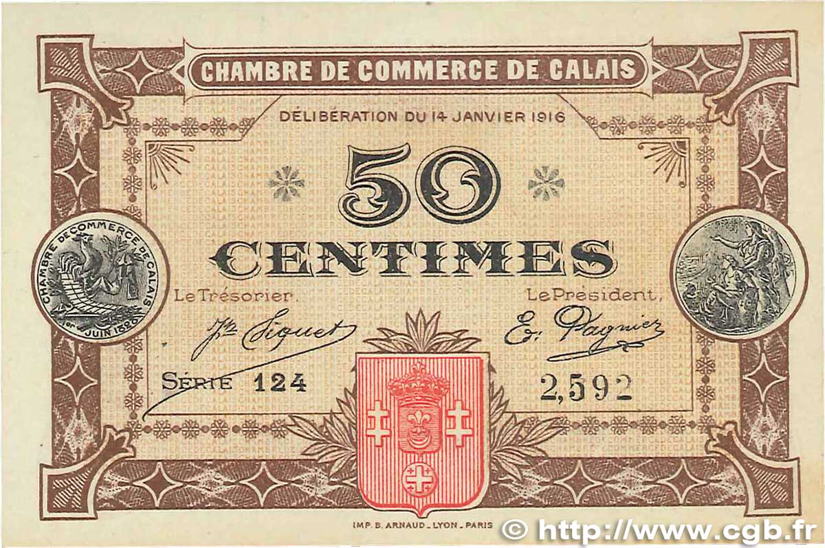 50 Centimes FRANCE régionalisme et divers Calais 1916 JP.036.21 TTB+