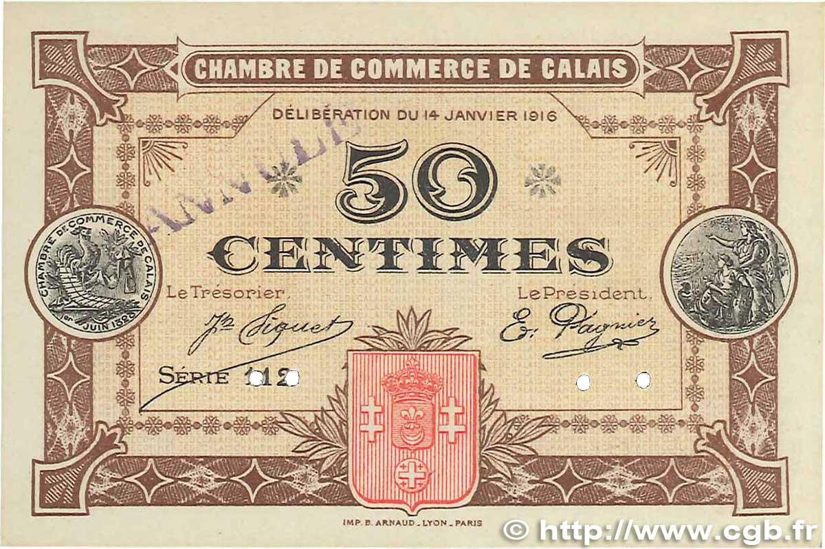 50 Centimes Annulé FRANCE régionalisme et divers Calais 1916 JP.036.22 SUP+