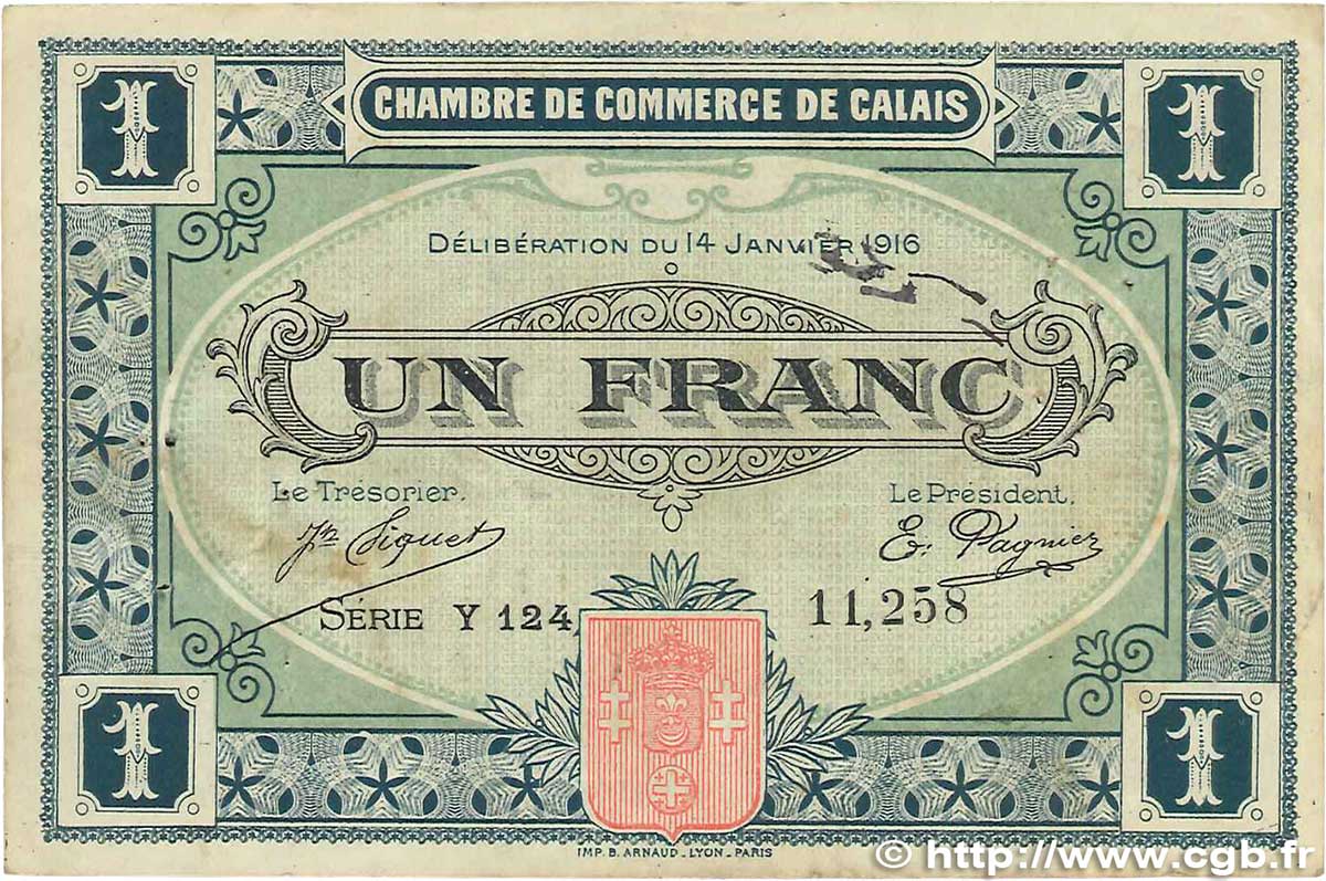 1 Franc FRANCE régionalisme et divers Calais 1916 JP.036.25 pr.TTB