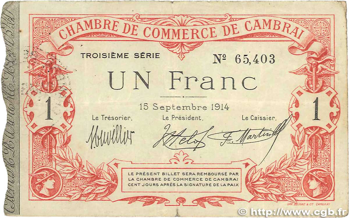 1 Franc FRANCE régionalisme et divers Cambrai 1914 JP.037.21 TB+