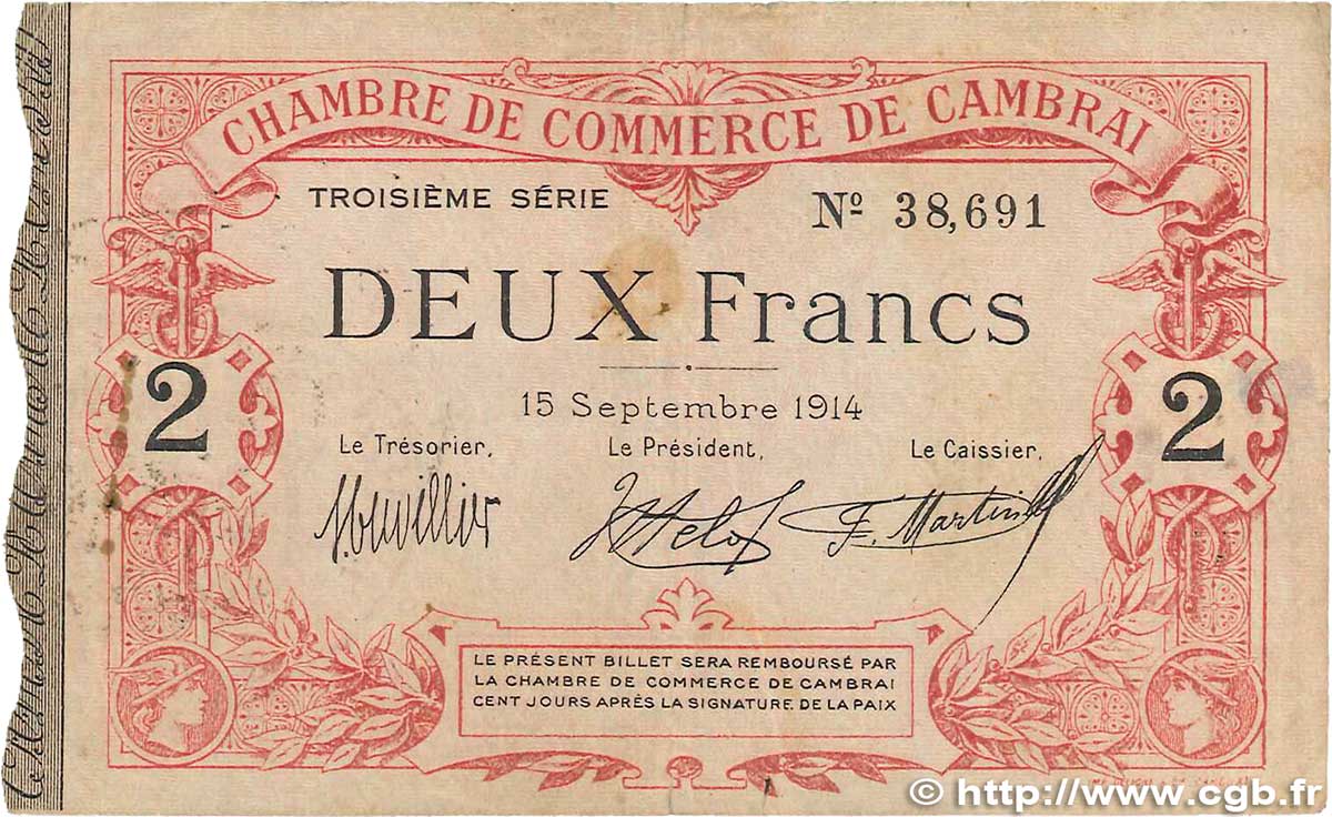 2 Francs FRANCE régionalisme et divers Cambrai 1914 JP.037.22 B+