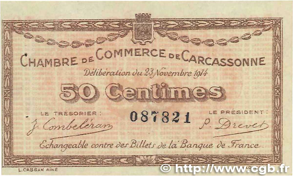 50 Centimes FRANCE régionalisme et divers Carcassonne 1914 JP.038.01 TTB