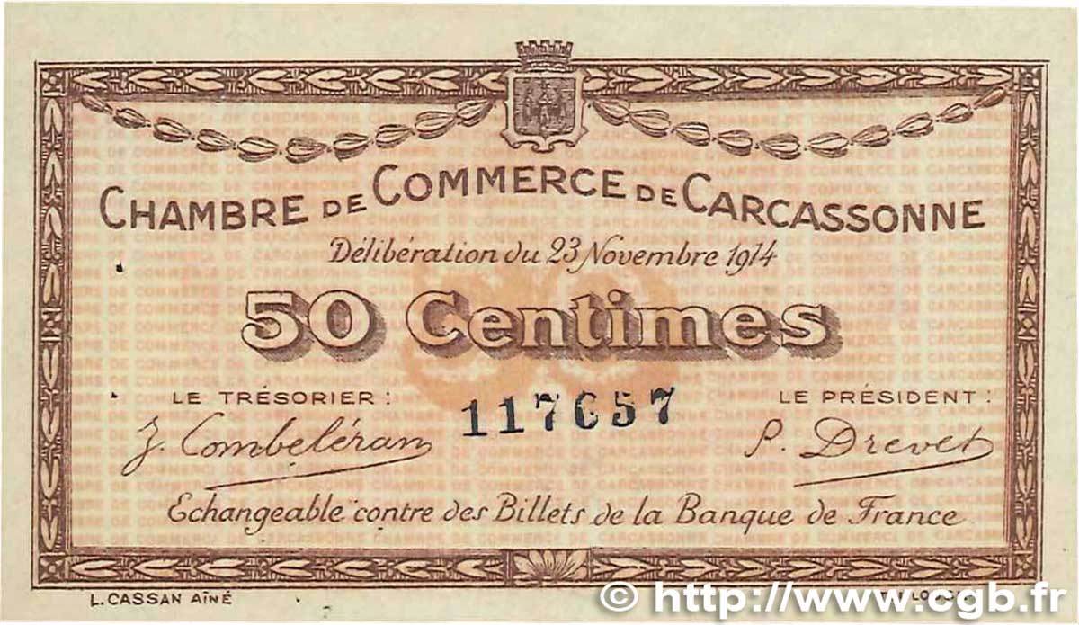 50 Centimes FRANCE régionalisme et divers Carcassonne 1914 JP.038.01 SPL