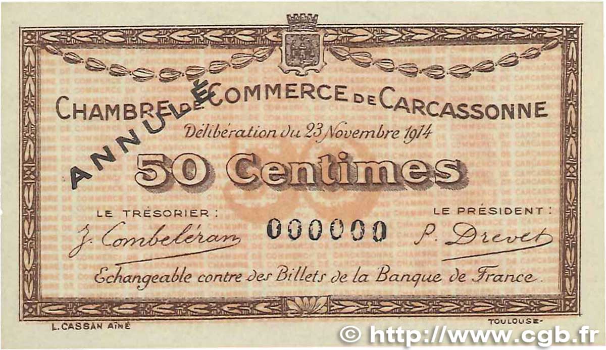 50 Centimes Annulé FRANCE régionalisme et divers Carcassonne 1914 JP.038.04 SUP+