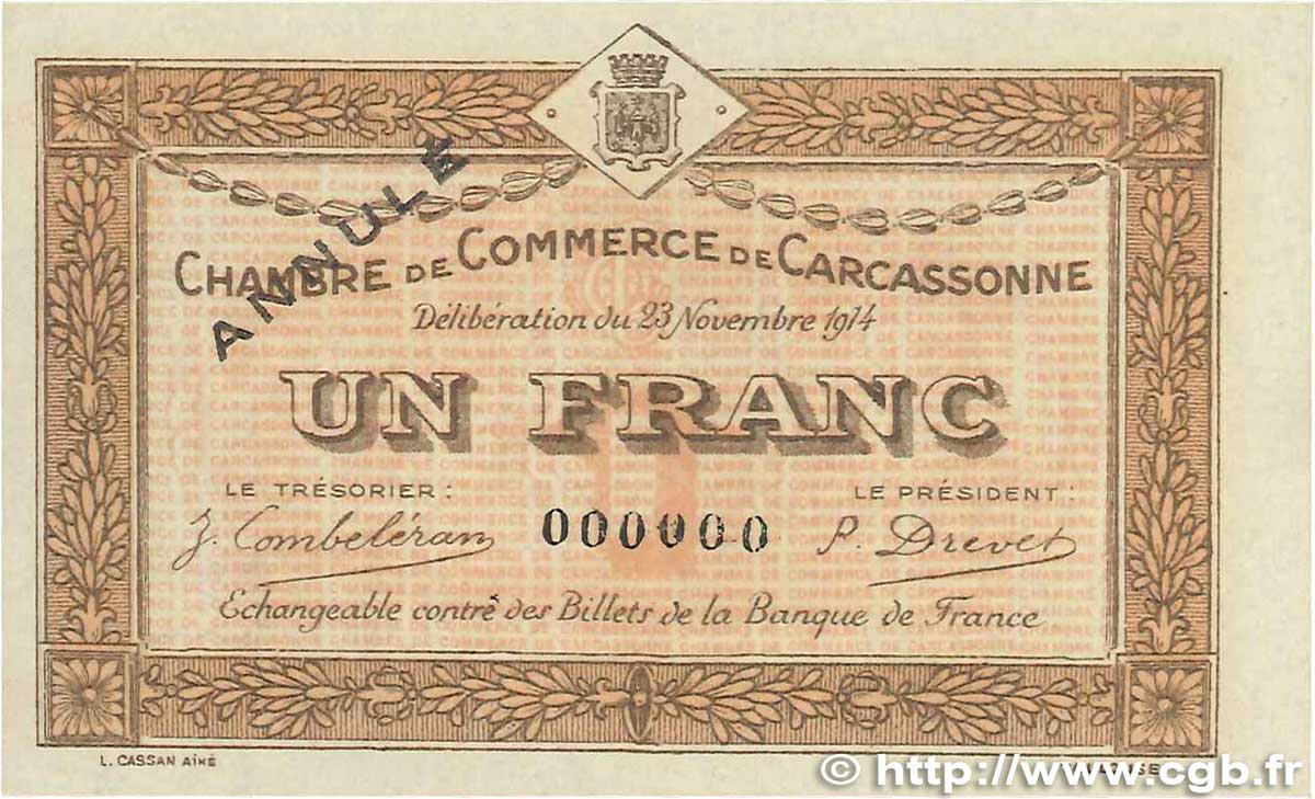 1 Franc Annulé FRANCE régionalisme et divers Carcassonne 1914 JP.038.08 NEUF