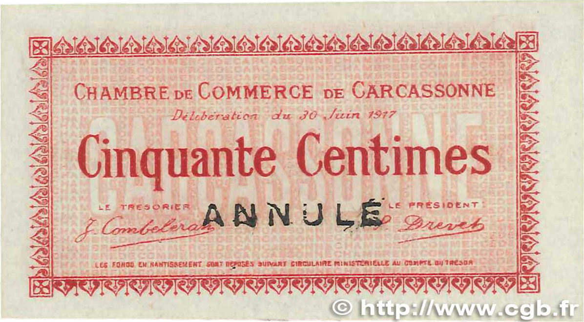 50 Centimes Annulé FRANCE regionalismo y varios Carcassonne 1917 JP.038.12 FDC